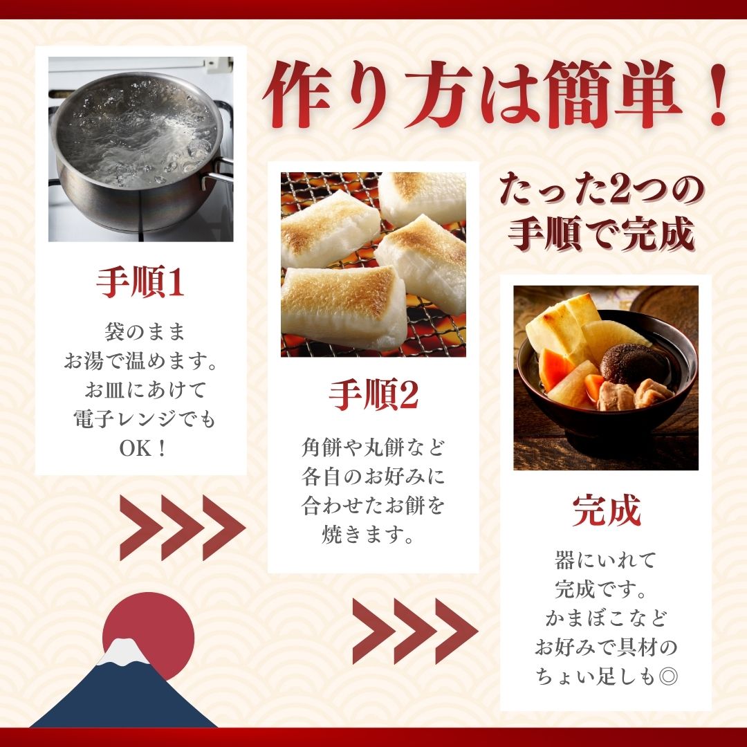 お雑煮の作り方は簡単！手順1 袋のままお湯で温めます。お皿にあけて電子レンジでもOK！手順2 各自のお好みに合わせたお餅を焼きます。完成 器に入れて完成です。かまぼこなどお好みで具材のちょい足しも