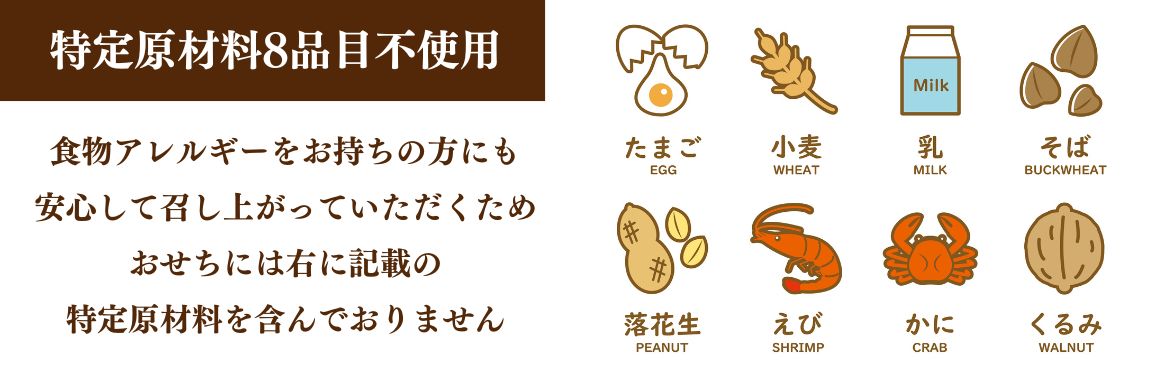 食物アレルギー対応のおせち 特定原材料8品目（たまご・小麦・乳・そば・落花生・えび・かに・くるみ）を含んでおりません